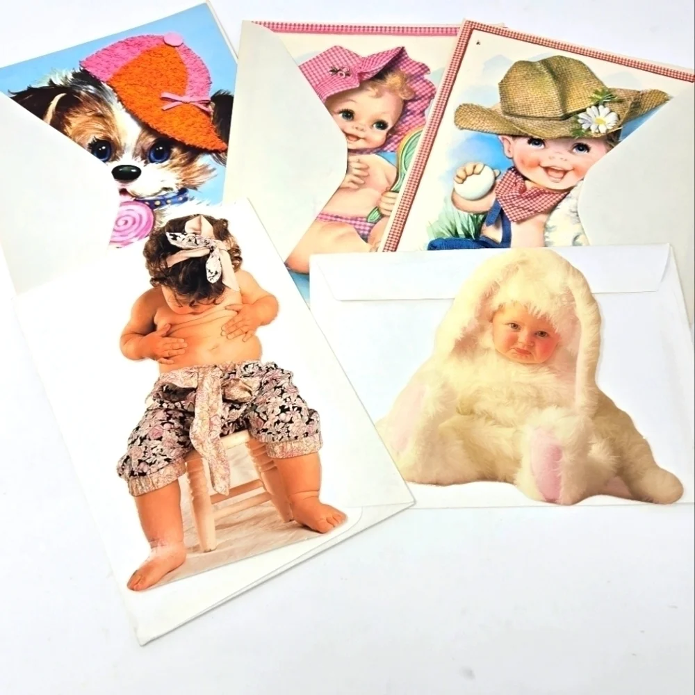 VINTAGE 1970S GREETING CARDS OVERSIZE BABY PUPPY 1990S ANNE GEDDES POSTCARDS LOT